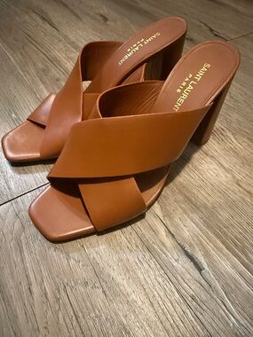 Saint Laurent Cognac Leather Crisscross Block Heel Mules